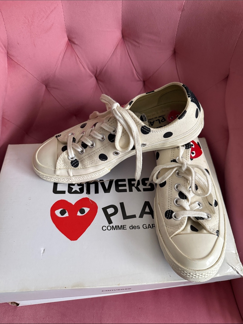 Comme des Garcons PLAY Cream Canvas Sneakers with Black Polka Dots and Red Heart